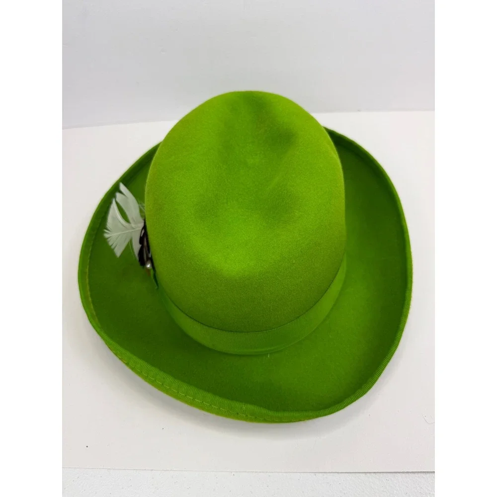 Vintage Capas Designs Lime Green Wool Fedora Hat with Feather Accent Godfather M